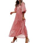 MaNMaNing Kadınlar için Büyük Beden Elbise Bol Bisiklet Yaka Boho Çiçekli Kısa Kollu Maksi Yaz Plaj Swing Elbise Seksi Halter Elbise, kırmızı, S