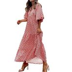 MaNMaNing Kadınlar için Büyük Beden Elbise Bol Bisiklet Yaka Boho Çiçekli Kısa Kollu Maksi Yaz Plaj Swing Elbise Seksi Halter Elbise, kırmızı, XL