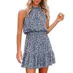 MaNMaNing Kadınlar için Büyük Beden Elbise Boyundan Bağlamalı Yaz Boho Çiçek Baskılı Kolsuz Sırtı Açık Vintage Fırfırlı Kemer Seksi Mini Elbise, koyu mavi, L