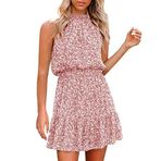 MaNMaNing Kadınlar için Büyük Beden Elbise Boyundan Bağlamalı Yaz Boho Çiçek Baskılı Kolsuz Sırtı Açık Vintage Fırfırlı Kemer Seksi Mini Elbise, pinguin gri, M