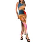 MaNMaNing Kadınlar için İlkbahar Elbisesi 2023 Batik Boya Bodycon Maksi Kolsuz Kolsuz Atleti Bölünmüş Uzun Elbise İş Parti Elbisesi Boho Korse Elbise, mavi, S