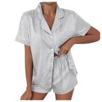 MaNMaNing Kadınlar için ipek pijama yumuşak saten 2 parça pijama setleri rahat yaz çizgili yaka düğmesi aşağı kısa kollu üstleri ve shrots dipleri Pjs pijama salonu giyim seti, bir, XL
