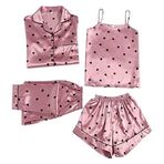 MaNMaNing Kadınlar için İpek Pijama Yumuşak Saten 4 Parça Pijama Takımları Baskılı Düğmeli Uzun Kollu Üstler ve Kaşkorse Bol Şort Uzun Pantolon Alt Pjs Yazlık Pijama Lounge Giyim Seti (Pembe,M),