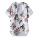 MaNMaNing Kadınlar için Kimono Hırkalar Çiçek Baskılı Şifon Plaj Kimono Bluz Şal Gevşek Üst Dış Giyim Bayan Hafif Şelale Hırka Kadın Siyah Hırkalar, beyaz, L