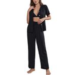 MaNMaNing Kadınlar için pijama yumuşak pamuklu 3 parça pijama setleri katı düğme aşağı üstleri dahili sütyen ve elastik bel uzun geniş bacak pantolon dipleri Pjs yaz pijama salonu giyim seti, bir, XL