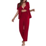 MaNMaNing Kadınlar için pijama yumuşak pamuklu 3 parça pijama setleri katı düğme aşağı üstleri dahili sütyen ve elastik bel uzun geniş bacak pantolon dipleri Pjs yaz pijama salonu giyim seti, c, M