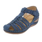 MaNMaNing Kama sandalet kadınlar için geniş Fit platform moda katı içi boş kanca döngü rahat yuvarlak ayak plaj rahat yürüyüş sandalet bayanlar tıknaz plaj deri sandalet, mavi, 6.5 UK