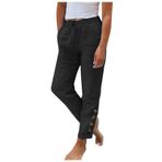 MaNMaNing Keten kadın pantolonu, tek renkli, elastik belli rahat, geniş havadar, rahat, yazlık pantolon, gündelik, büyükanne pantolonu, rahat, gündelik pantolon, keten, Siyah, 3XL