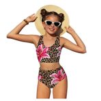 MaNMaNing Kız çocuk iki parçalı leopar baskılı bikini ayarlanabilir üçgen üst ve yandan bağlı alt parça bikini kız yaz plaj, Kahverengi, 5-6 Yaşe