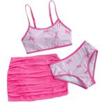 MaNMaNing Kız çocuk üç parçalı çiçek baskılı mayo, Rashguard ve yüzme şortu, küçük çocuk, plaj, havuz, parti, 7, 12 yaş, üç parçalı bikini kız çocuk, yaz, Pembe., 8-9 Yaşe