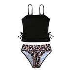 MaNMaNing Kız çocukları için iki parçalı leopar baskılı bikini, tankini üst ve alt kısım, plaj, havuz, yaz, bikini, kız çocuk,, Siyah, 5-6 Yaşe