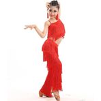 MaNMaNing Kız Latin dans kıyafeti iki parçalı püsküllü üst parça payetli pantolon modern dans kostümü nefes alan set kız, Kırmızı, 10-12 Yaş