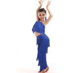 MaNMaNing Kız Latin dans kıyafeti iki parçalı püsküllü üst parça payetli pantolon modern dans kostümü nefes alan set kız, Mavi, 8-9 Yaş