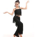 MaNMaNing Kız Latin dans kıyafeti iki parçalı püsküllü üst parça payetli pantolon modern dans kostümü nefes alan set kız, Siyah, 6-7 Yaş