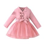 MaNMaNing Küçük çocuk kız uzun kollu fiyonklu düğmeli elbise tül elbise elbise, Pembe., 4-5 Yil