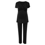 MaNMaNing Loungewear Siyah Dantelli Kısa Kollu V Boyun Kadın Hamile Pijama Takımı