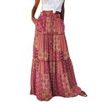 MaNMaNing Maxi etekler kadınlar için uzun Boho çiçekler yüksek elastik bel cepler kemer Maxi etek pilili etek plaj etek rahat etek bayanlar pilili etek, kırmızı, M
