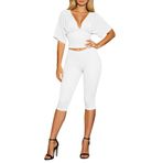 MaNMaNing Modaya uygun kadın iki parçalı set, pileli bluz, kısa kollu, V yaka, dar pantolon, yazlık gündelik kıyafet, kadın, basic, Beyaz, S