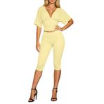 MaNMaNing Modaya uygun kadın iki parçalı set, pileli bluz, kısa kollu, V yaka, dar pantolon, yazlık gündelik kıyafet, kadın, basic, Sarı, M
