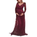 MaNMaNing Photoshoot Wine Red Fotoğraf İçin Dantel Uzun Kadın Hamile Elbise
