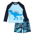 MaNMaNing Rashguard erkek çocuklar için iki parçalı dinozor baskılı kısa kollu yüzme tişörtü ve şortu, yaz, plaj, sörf havuzu, güneş, 3, 8 yaş mayo, erkek çocuk, yaz, Mavi, 6-7 Yaşe