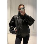 MANMARK Viral Oversize Kadın Deri Ceket Yüksek Yaka Siyah Urban Style Kadın Deri Ceket