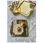 Manor Cam 6 Adet Gold Kare KULPLU Lüx Paslanmaz Çelik Kahve Servis Sunum Tepsi & Tabağı (21X21CM)