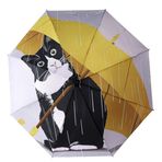 Manuel Katlanabilir Kedi Desenli Şemsiye, 95 cm Çap, Rüzgara Dayanıklı, 8 Telli, Sarı-Siyah