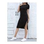 MareandPanda Kadın Kısa Kollu Yanı Yırtmaçlı Bisiklet Yaka Dizde Viskon Elbise Renk;Siyah,Beden;L-XL