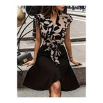 MareandPanda(2687) Kadın Kısa Kollu Kolu Fırfır Detay Mini Kuşaklı Kloş Krep Elbise Renk;Siyah,Beden;L-XL