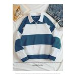 MARECASH Petrol Mavi Beyaz Parçalı Renk Düz Yarım Fermuarlı Polo Yaka Sweatshirt