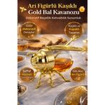 Mareluxe Arı Figürlü Kaşıklı Gold Bal Kavanozu Kapaklı Dekoratif Reçellik Kahvaltılık Sunumluk