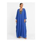 Marever Fashion Bohem Şıklık: Saks Mavi Yakası Taş İşlemeli Salaş Kaftan Elbise