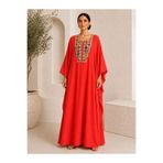 Marever Fashion Kırmızı Taş İşlemeli Premium Keten Kaftan Elbise – Oversize Maxi Yazlık Elbise