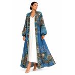 Marever Fashion Mavi Desenli İpek Vual Kimono Kaftan – Uzun, Hafif, Akışkan Yazlık Kaftan