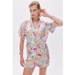 Marguerite Desenli Kruvaze Kısa Saten Pijama Takımı