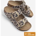 Marjin Kadın Hakiki Deri Günlük Terlik Çift Bantlı Terlik Eva Taban Poli Bej Leopar - Leopar - Bej