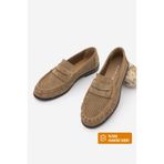 Marjin Kadın Hakiki Deri Loafer Makosen Olive Delik Görünümlü Dikişli Büzgülü Günlük Ayakkabı Kaneri Toprak Süet
