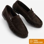 Marjin Kadın Hakiki Deri Oval Burun Makosen Dikişli Büzgülü Loafer Günlük Ayakkabı Lefora Kahve Süet - Kahverengi Süet