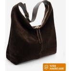 Marjin Kadın Hakiki Deri Shopper Fermuarlı Omuz Çantası Avelin Kahve Süet