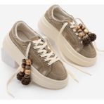 Marjin Kadın Sneaker Kalın Taban Denim Çıkarılabilir Boncuklu Tokalı Spor Ayakkabı Pevosa Bej Kot