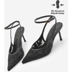 Marjin Kadın Stiletto Bilekten Bağlamalı Dantel Nakışlı Fileli Klasik Topuklu Ayakkabı Limez Siyah
