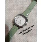Marka Model Kare-Oval Gümüş Kasa Retro Still - Çağla Yeşili Kordon Kadın Kol Saati 0054 - 20 cm