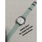 Marka Model Kare-Oval Gümüş Kasa Retro Still - Su Yeşili (Hakiki Deri) Kordon Kadın Kol Saati 0054 - 20 cm