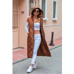 Markano Kahverengi Kapüşonlu Cepli Baklava Desen Uzun Şişme Yelek