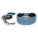 Markapet XL 7 cm*60-68 cm Turkuaz Elegance Deri İşlemeli Lüks Köpek Tasma Seti