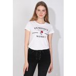 Markapia Beyaz Kadın Bisiklet Yaka Baskılı T-Shirt