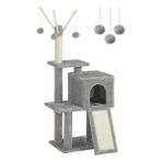 MarkEntegra Feandrea PCT143W01 Kedi Ağacı, Tırmalama Tahtalı, 3 Çıkarılabilir Ponpon Çubuğu, 118 Cm, Açık Gri