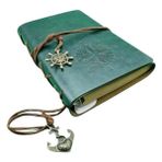 MarkEntegra Retro Vintage Pusula Baskılı Çapa ve Dümen Kolye Uçlu Deri Kapaklı Günlük Not Defteri Denizci Defter Özel Tasarım Hediyelik Yeşil