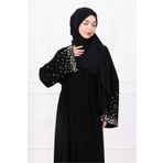 Marles Siyah İnci ve Taş İşlemeli Kuşaklı Abaya - Ferace